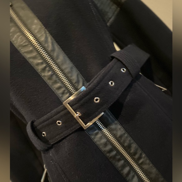 BCBGeneration~Navy & Black Faux Leather~Belted~Hooded~Pea Coat~Pockets~Size S - Picture 3 of 16